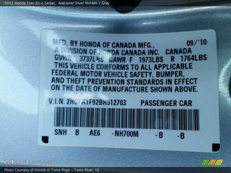 Alabaster Silver Metallic / Gray 2011 Honda Civic EX-L Sedan