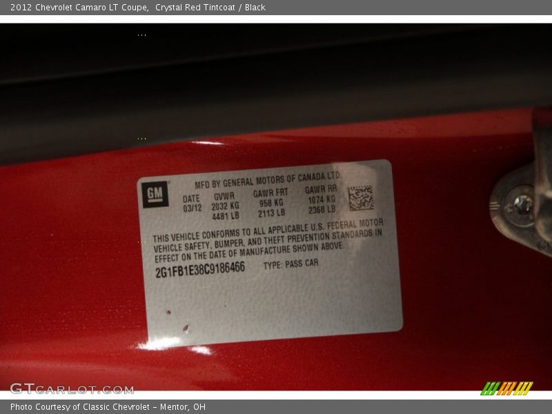 Crystal Red Tintcoat / Black 2012 Chevrolet Camaro LT Coupe