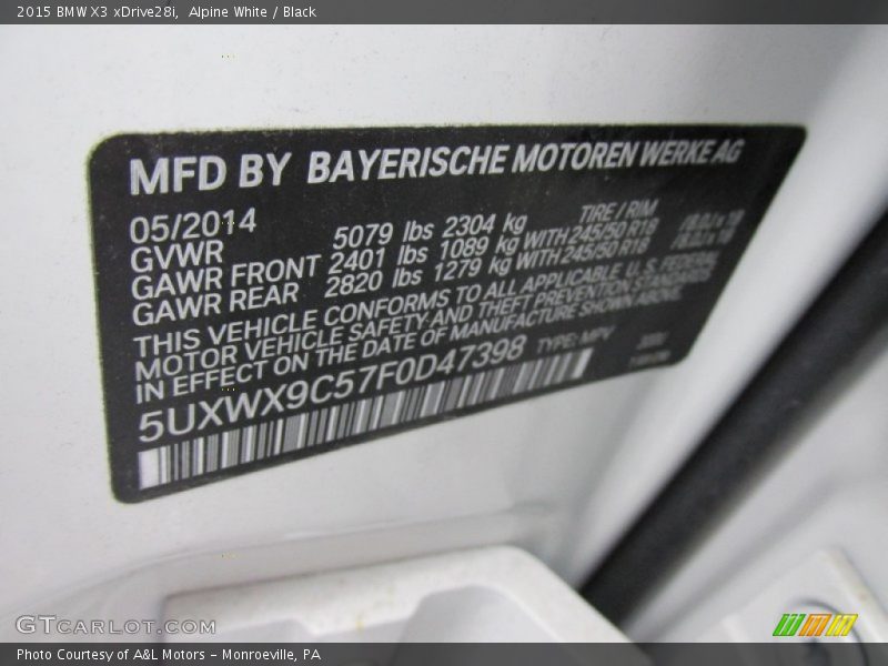 Alpine White / Black 2015 BMW X3 xDrive28i