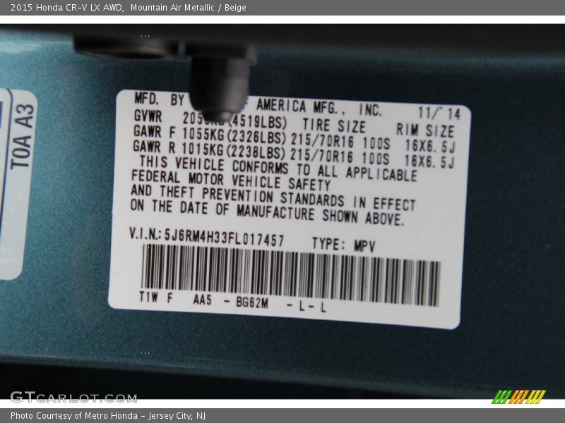 Mountain Air Metallic / Beige 2015 Honda CR-V LX AWD