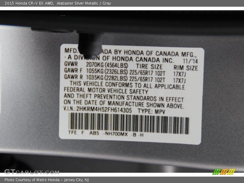Alabaster Silver Metallic / Gray 2015 Honda CR-V EX AWD