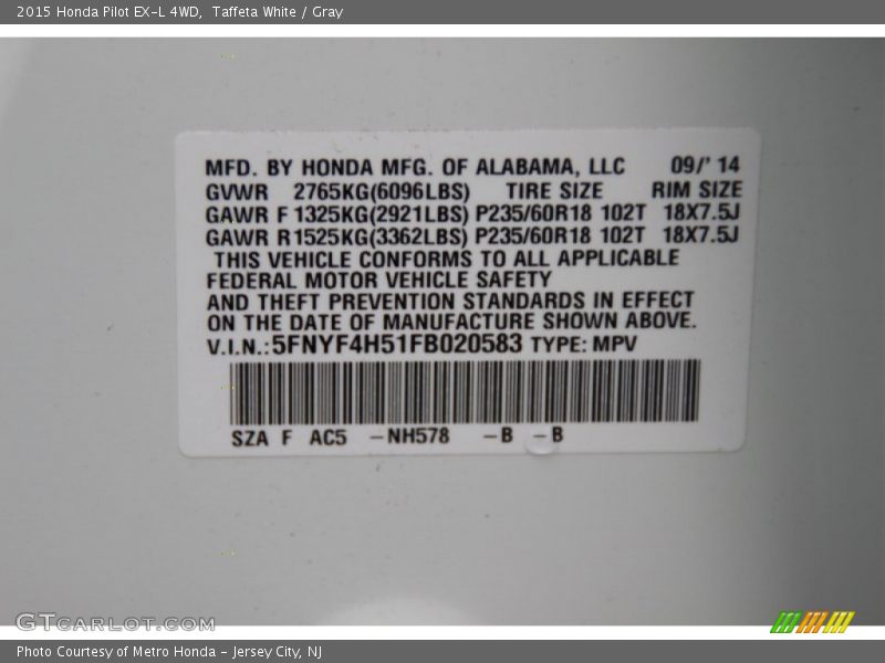 Taffeta White / Gray 2015 Honda Pilot EX-L 4WD