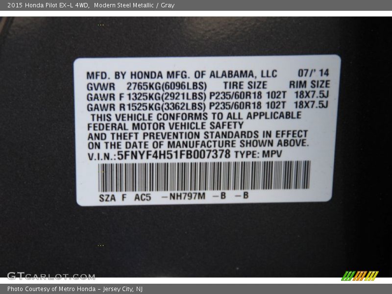 Modern Steel Metallic / Gray 2015 Honda Pilot EX-L 4WD