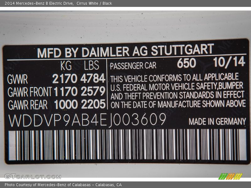 Cirrus White / Black 2014 Mercedes-Benz B Electric Drive