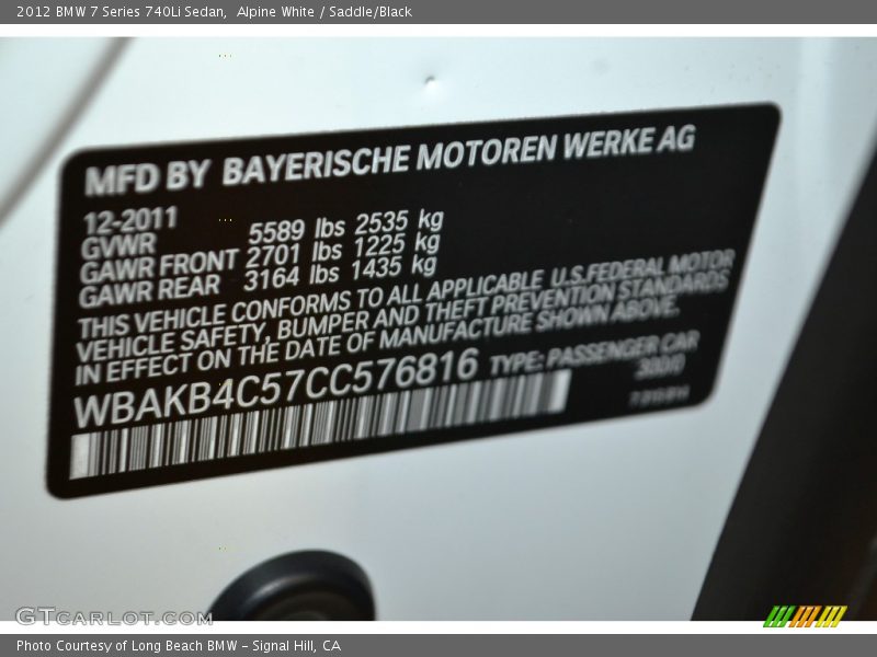 Alpine White / Saddle/Black 2012 BMW 7 Series 740Li Sedan