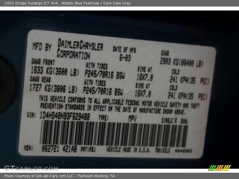 Atlantic Blue Pearlcoat / Dark Slate Gray 2003 Dodge Durango SLT 4x4