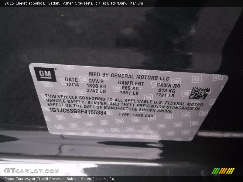 Ashen Gray Metallic / Jet Black/Dark Titanium 2015 Chevrolet Sonic LT Sedan