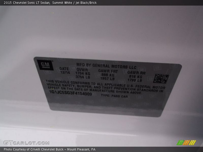 Summit White / Jet Black/Brick 2015 Chevrolet Sonic LT Sedan