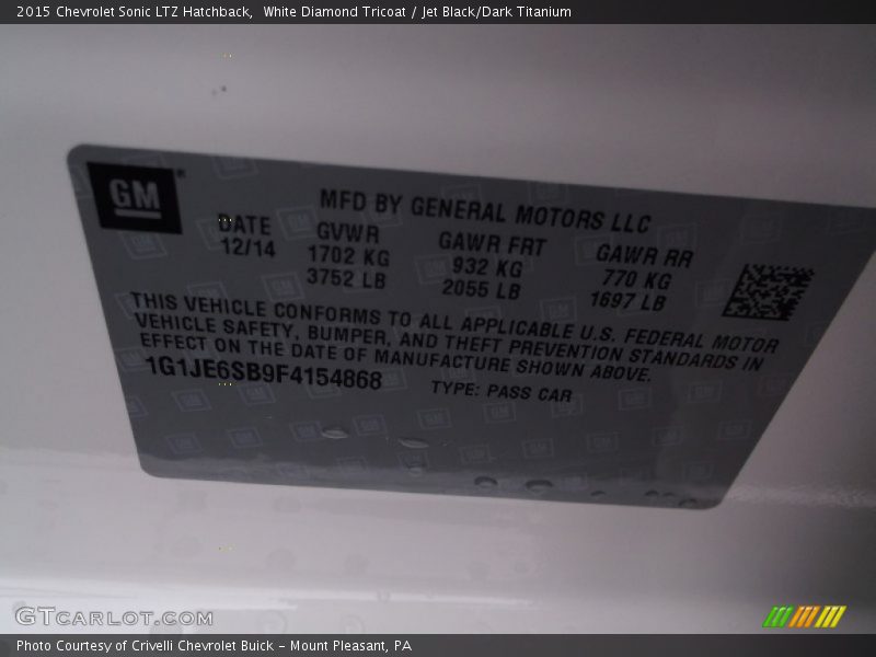 White Diamond Tricoat / Jet Black/Dark Titanium 2015 Chevrolet Sonic LTZ Hatchback