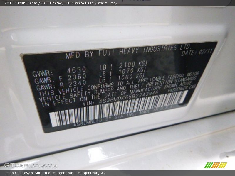 Satin White Pearl / Warm Ivory 2011 Subaru Legacy 3.6R Limited