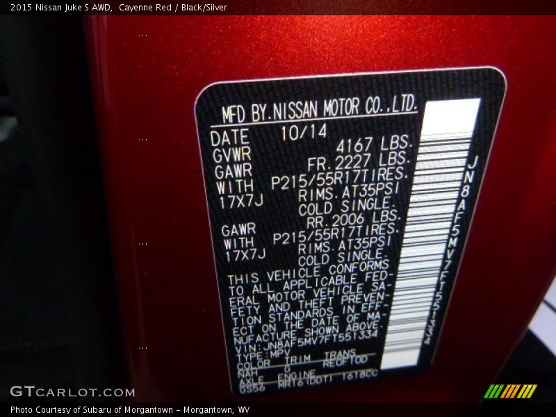 2015 Juke S AWD Cayenne Red Color Code NAH