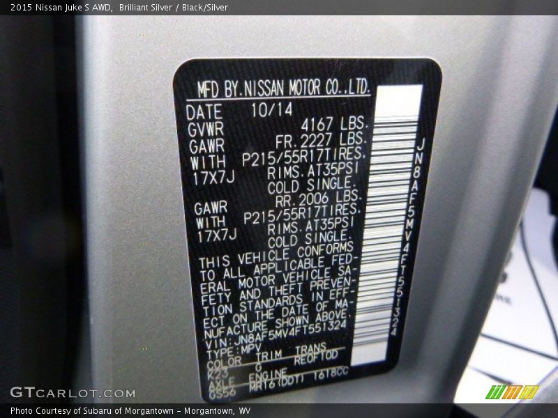 Brilliant Silver / Black/Silver 2015 Nissan Juke S AWD