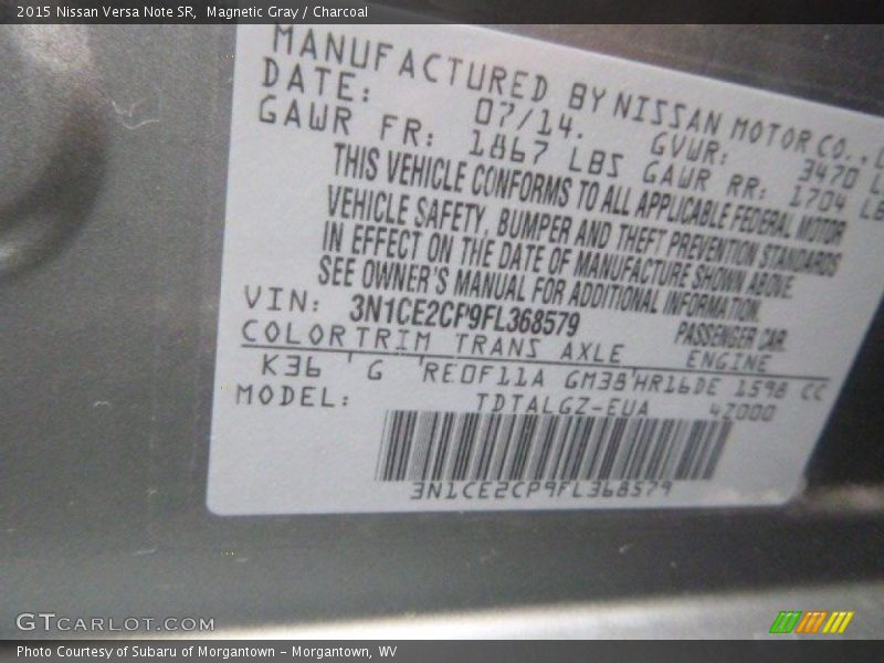 Magnetic Gray / Charcoal 2015 Nissan Versa Note SR