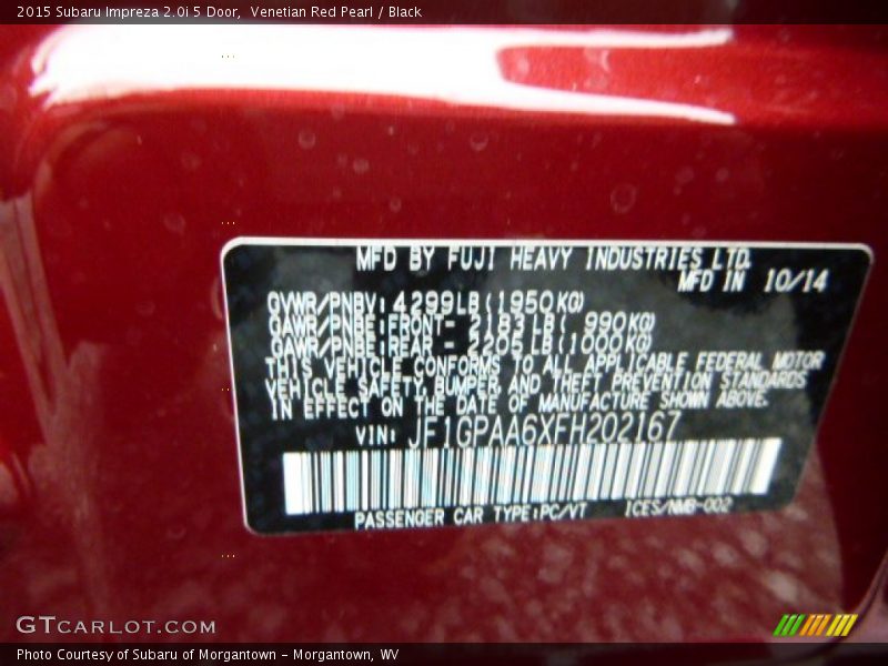 Venetian Red Pearl / Black 2015 Subaru Impreza 2.0i 5 Door