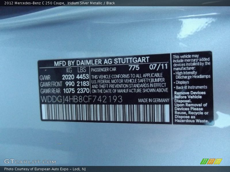 Iridium Silver Metallic / Black 2012 Mercedes-Benz C 250 Coupe