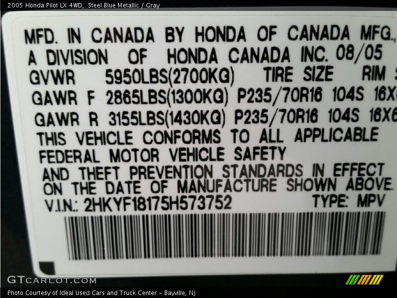 Steel Blue Metallic / Gray 2005 Honda Pilot LX 4WD