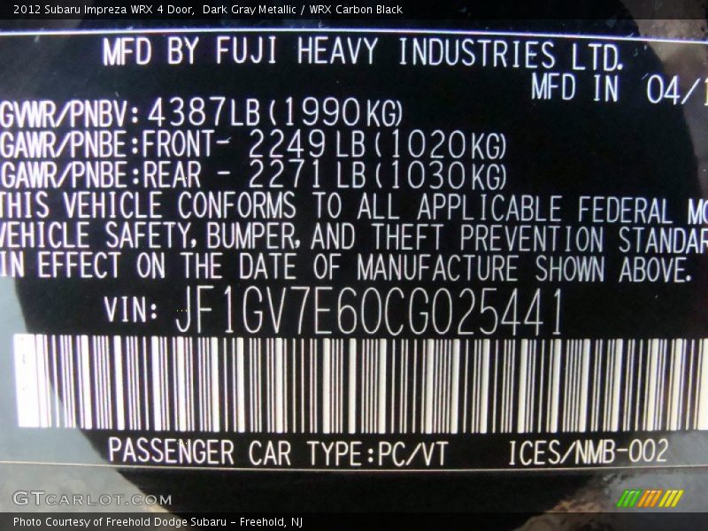 Dark Gray Metallic / WRX Carbon Black 2012 Subaru Impreza WRX 4 Door