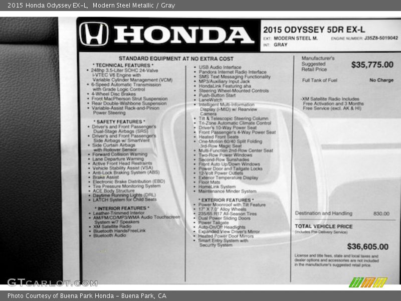 Modern Steel Metallic / Gray 2015 Honda Odyssey EX-L