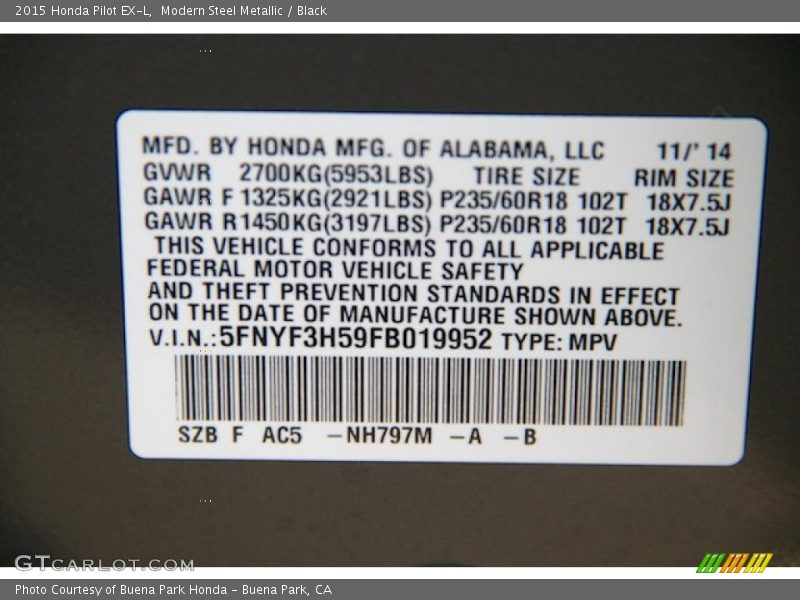 Modern Steel Metallic / Black 2015 Honda Pilot EX-L