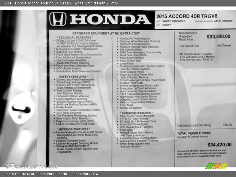  2015 Accord Touring V6 Sedan Window Sticker