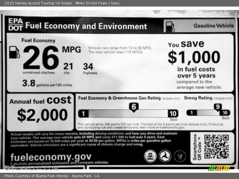 White Orchid Pearl / Ivory 2015 Honda Accord Touring V6 Sedan