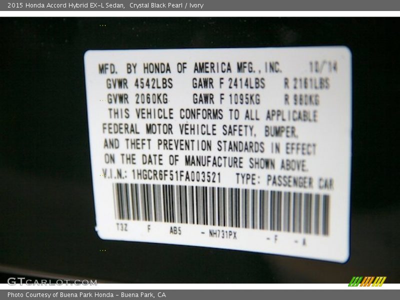 2015 Accord Hybrid EX-L Sedan Crystal Black Pearl Color Code NH731PX