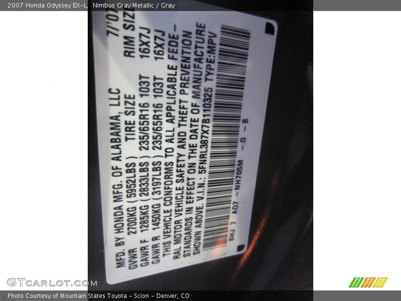 Nimbus Gray Metallic / Gray 2007 Honda Odyssey EX-L