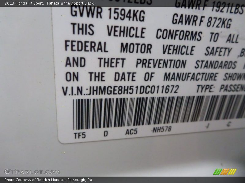 Taffeta White / Sport Black 2013 Honda Fit Sport