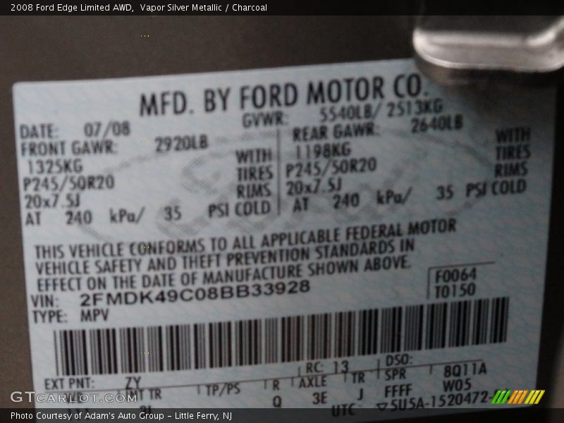 Vapor Silver Metallic / Charcoal 2008 Ford Edge Limited AWD