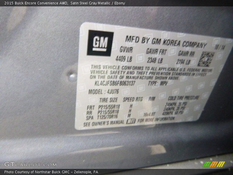 Satin Steel Gray Metallic / Ebony 2015 Buick Encore Convenience AWD