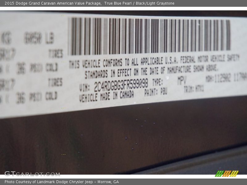 True Blue Pearl / Black/Light Graystone 2015 Dodge Grand Caravan American Value Package