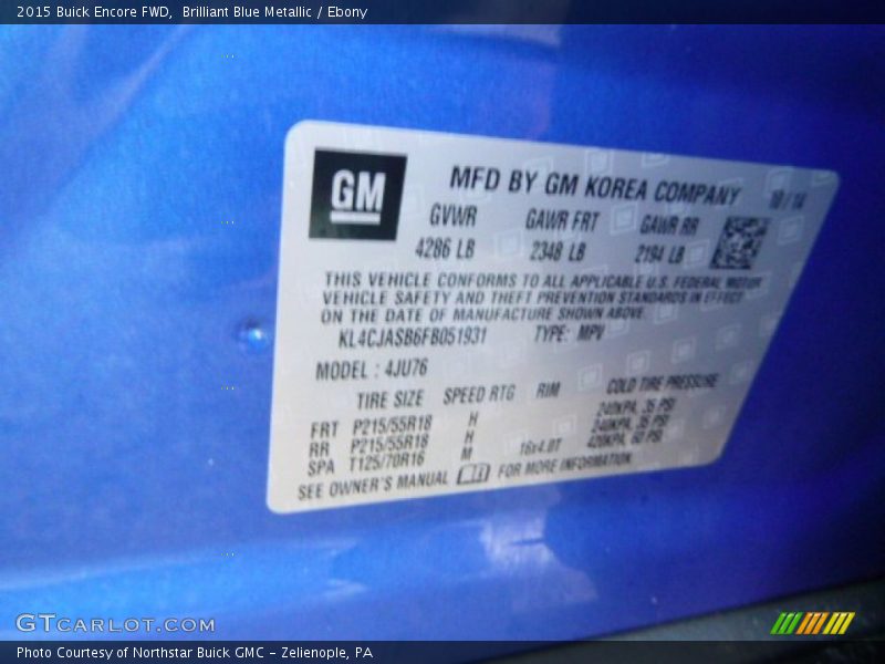 Brilliant Blue Metallic / Ebony 2015 Buick Encore FWD