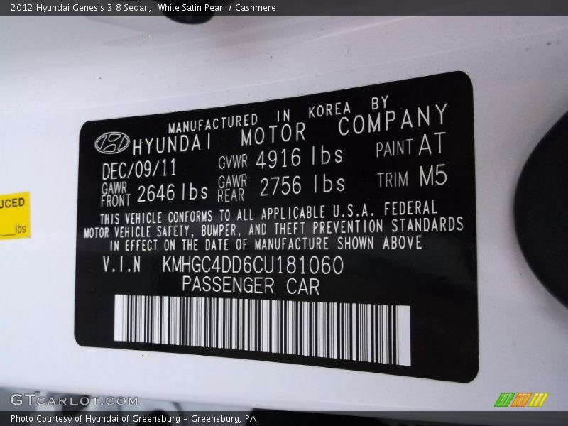 White Satin Pearl / Cashmere 2012 Hyundai Genesis 3.8 Sedan
