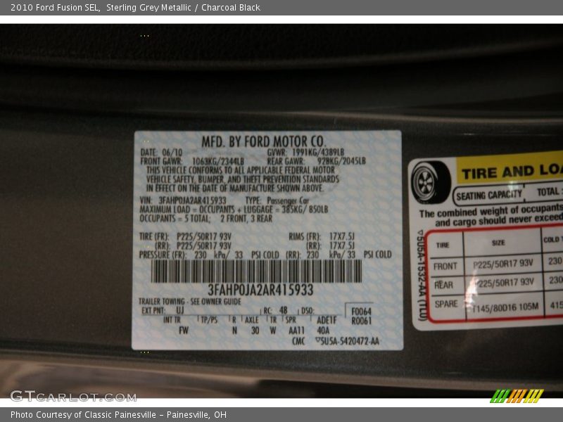 Sterling Grey Metallic / Charcoal Black 2010 Ford Fusion SEL