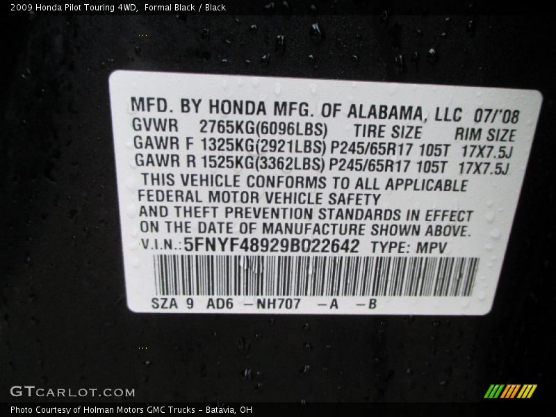 Formal Black / Black 2009 Honda Pilot Touring 4WD