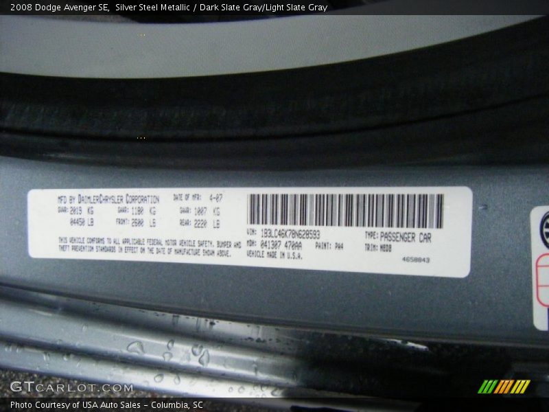 Silver Steel Metallic / Dark Slate Gray/Light Slate Gray 2008 Dodge Avenger SE