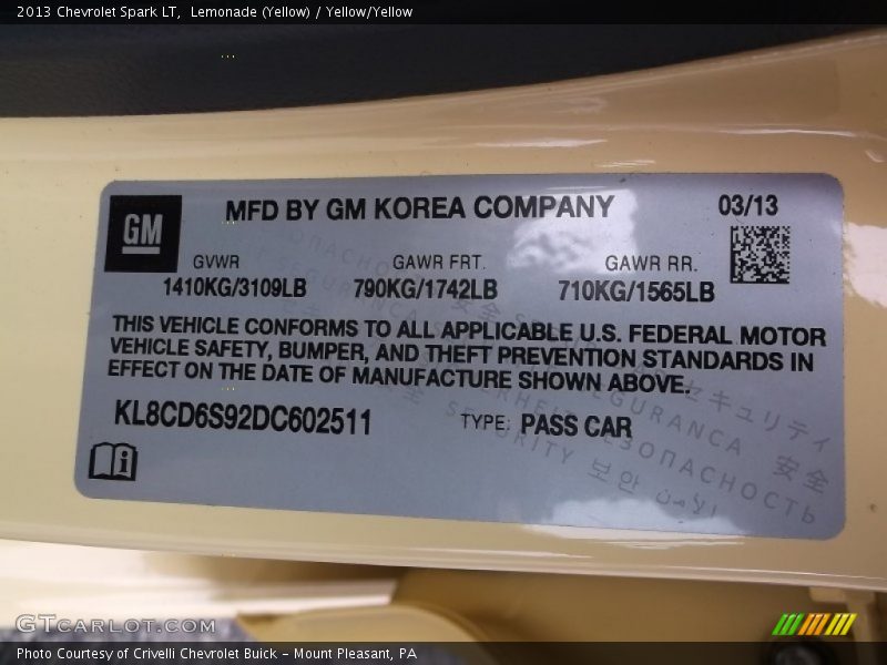 Lemonade (Yellow) / Yellow/Yellow 2013 Chevrolet Spark LT