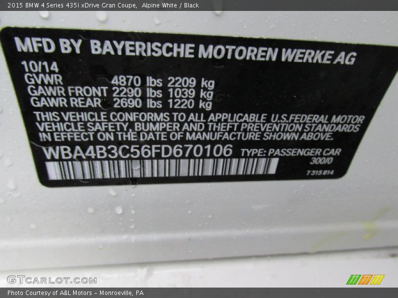 Alpine White / Black 2015 BMW 4 Series 435i xDrive Gran Coupe