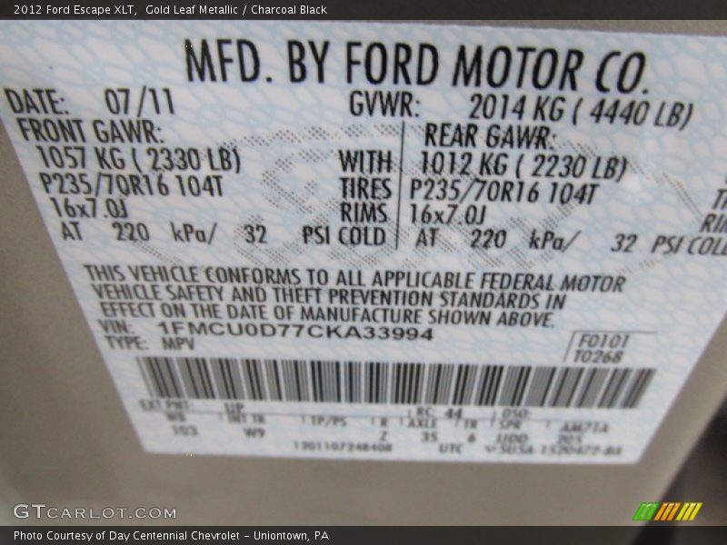 Gold Leaf Metallic / Charcoal Black 2012 Ford Escape XLT