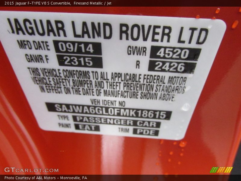 2015 F-TYPE V8 S Convertible Firesand Metallic Color Code EAT