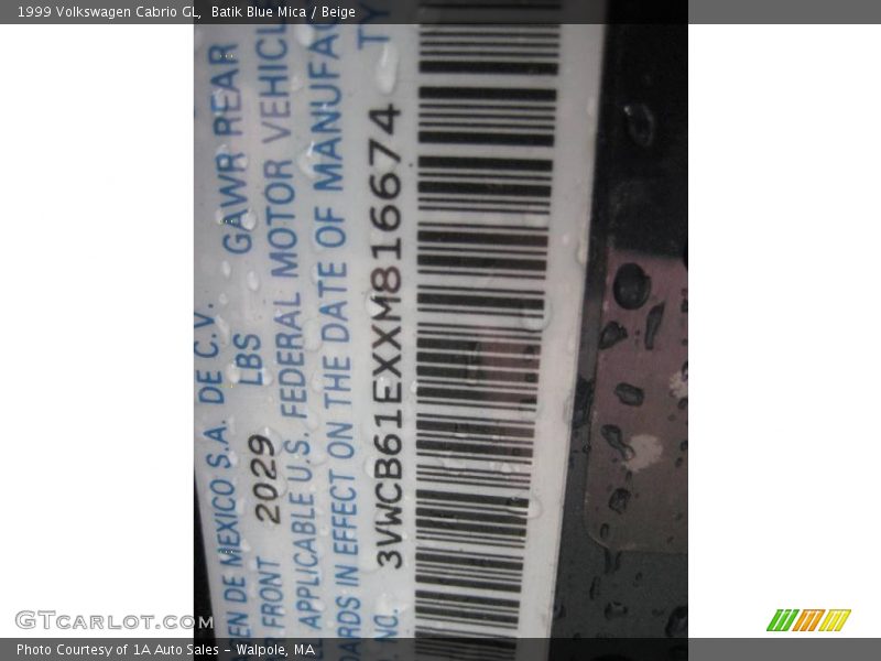 Batik Blue Mica / Beige 1999 Volkswagen Cabrio GL