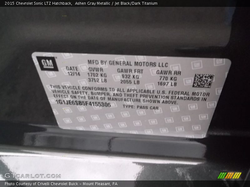 Ashen Gray Metallic / Jet Black/Dark Titanium 2015 Chevrolet Sonic LTZ Hatchback