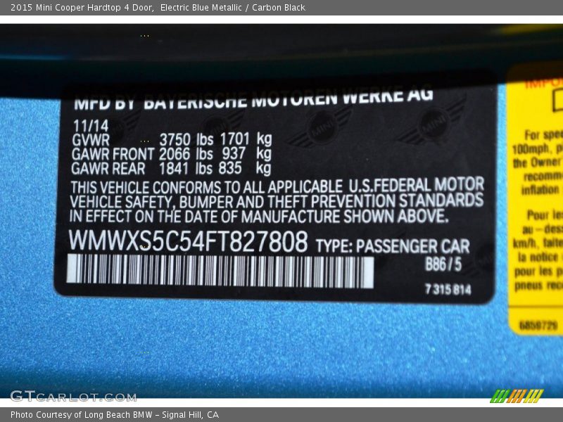 2015 Cooper Hardtop 4 Door Electric Blue Metallic Color Code B86