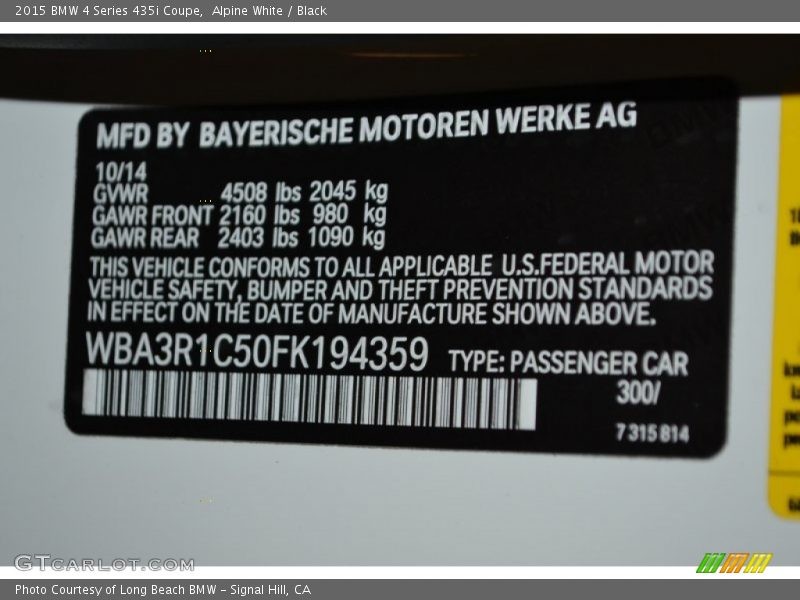 Alpine White / Black 2015 BMW 4 Series 435i Coupe