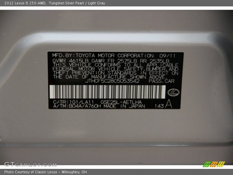 Tungsten Silver Pearl / Light Gray 2012 Lexus IS 250 AWD
