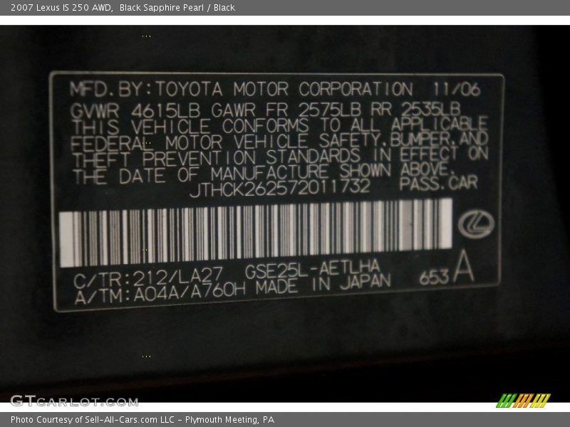 Black Sapphire Pearl / Black 2007 Lexus IS 250 AWD