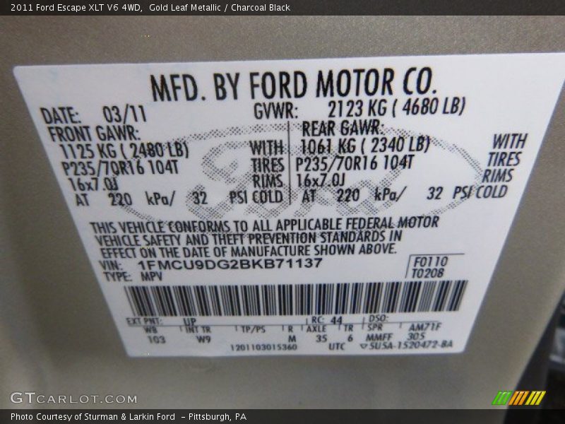 Gold Leaf Metallic / Charcoal Black 2011 Ford Escape XLT V6 4WD