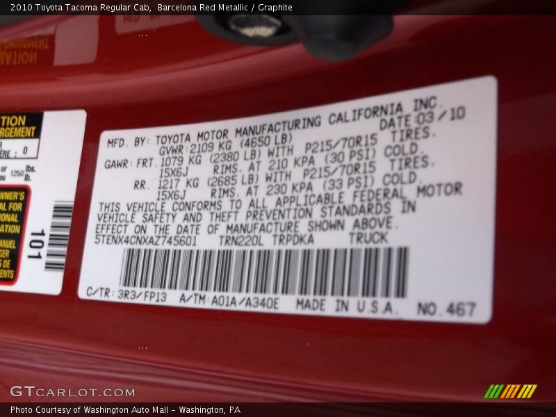 Barcelona Red Metallic / Graphite 2010 Toyota Tacoma Regular Cab