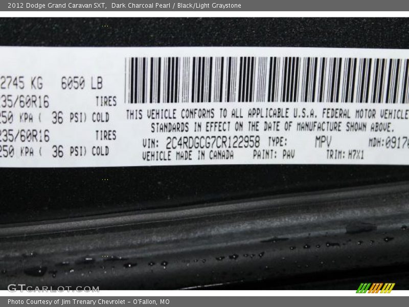 Dark Charcoal Pearl / Black/Light Graystone 2012 Dodge Grand Caravan SXT