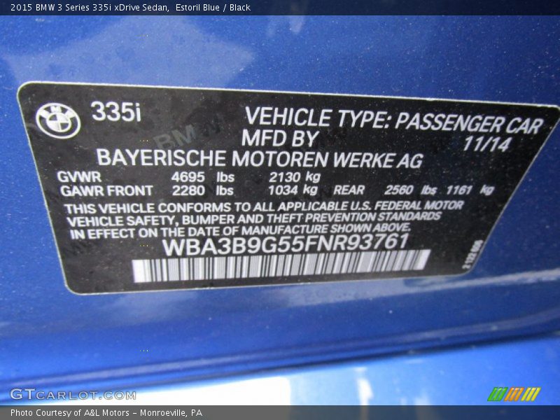Estoril Blue / Black 2015 BMW 3 Series 335i xDrive Sedan